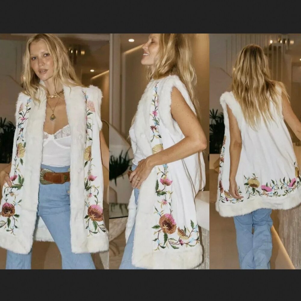 Chasing Unicorns New York Groove Embroidered Velvet Fur Vest White Boho Festival